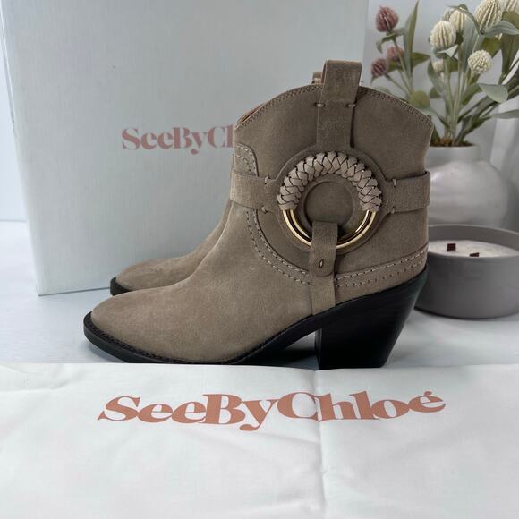 See By Chloe Eddie Ankle Boots Suede Harness Taupe Women's EU 37.5/7.5 NWB FLAW - Picture 1 of 13